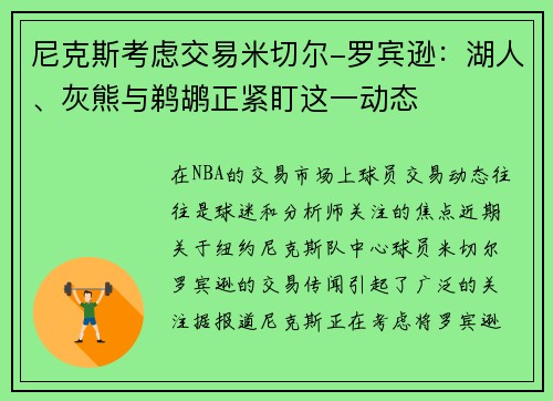 尼克斯考虑交易米切尔-罗宾逊：湖人、灰熊与鹈鹕正紧盯这一动态