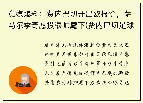 意媒爆料：费内巴切开出欧报价，萨马尔季奇愿投穆帅麾下(费内巴切足球俱乐部是哪个国家的)