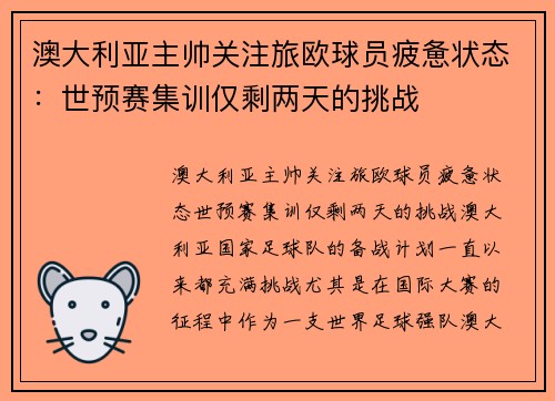 澳大利亚主帅关注旅欧球员疲惫状态：世预赛集训仅剩两天的挑战