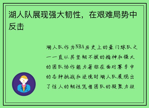 湖人队展现强大韧性，在艰难局势中反击