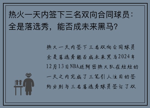 热火一天内签下三名双向合同球员：全是落选秀，能否成未来黑马？