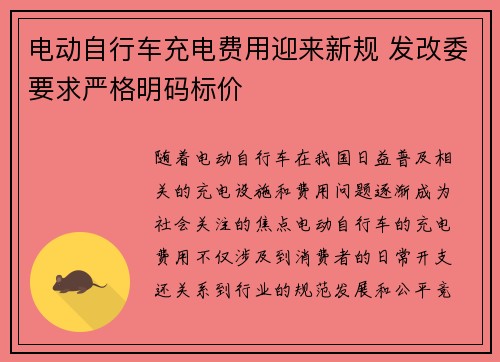 电动自行车充电费用迎来新规 发改委要求严格明码标价