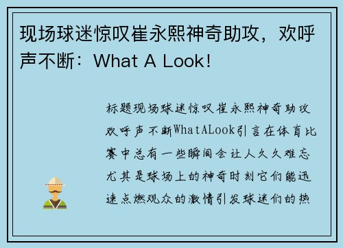 现场球迷惊叹崔永熙神奇助攻，欢呼声不断：What A Look！