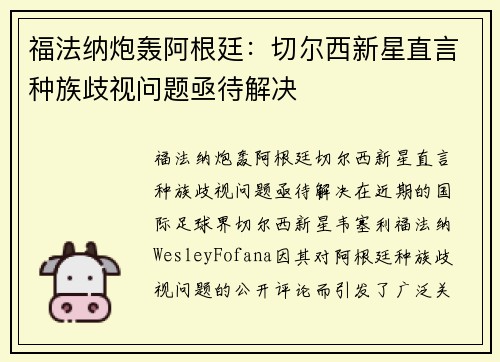 福法纳炮轰阿根廷：切尔西新星直言种族歧视问题亟待解决