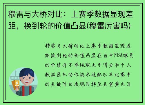 穆雷与大桥对比：上赛季数据显现差距，换到轮的价值凸显(穆雷厉害吗)