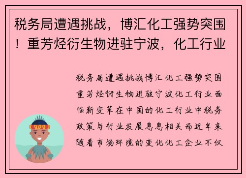 税务局遭遇挑战，博汇化工强势突围！重芳烃衍生物进驻宁波，化工行业面临新变革