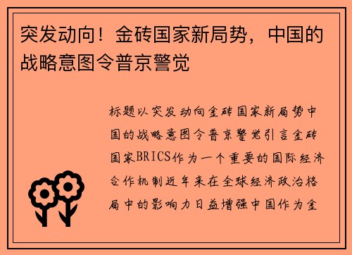 突发动向！金砖国家新局势，中国的战略意图令普京警觉