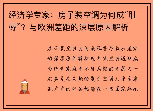 经济学专家：房子装空调为何成“耻辱”？与欧洲差距的深层原因解析