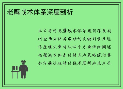老鹰战术体系深度剖析