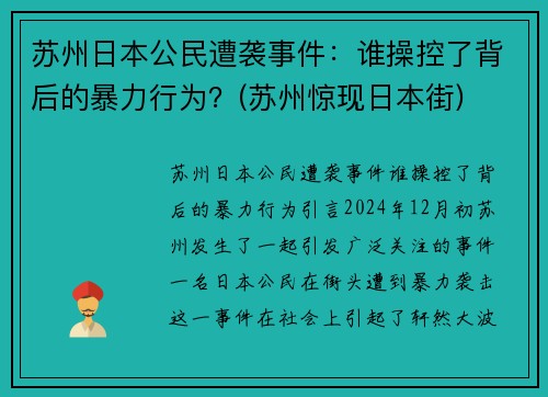 苏州日本公民遭袭事件：谁操控了背后的暴力行为？(苏州惊现日本街)