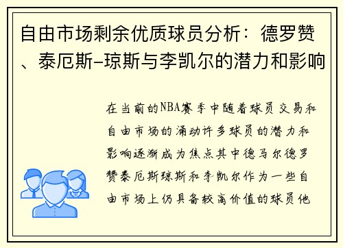 自由市场剩余优质球员分析：德罗赞、泰厄斯-琼斯与李凯尔的潜力和影响