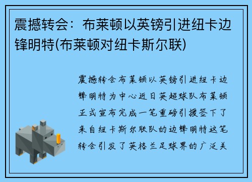 震撼转会：布莱顿以英镑引进纽卡边锋明特(布莱顿对纽卡斯尔联)